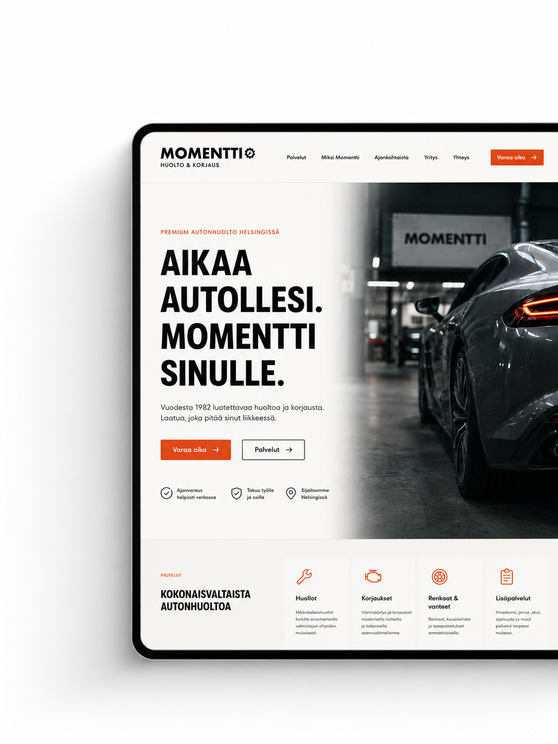 Autokorjaamon verkkosivut tabletilla, ajanvaraus etusivulla