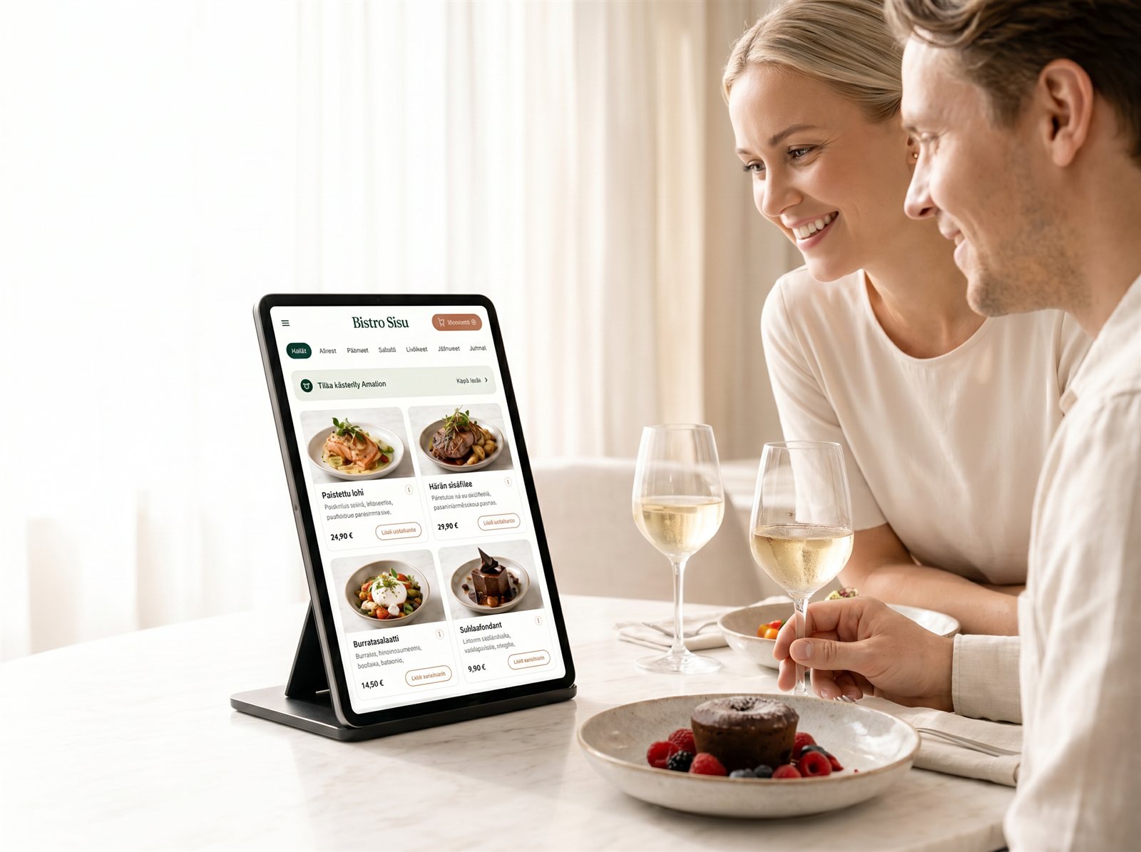Asiakas selaa viinilistaa Creavo Order -tabletilta ravintolassa
