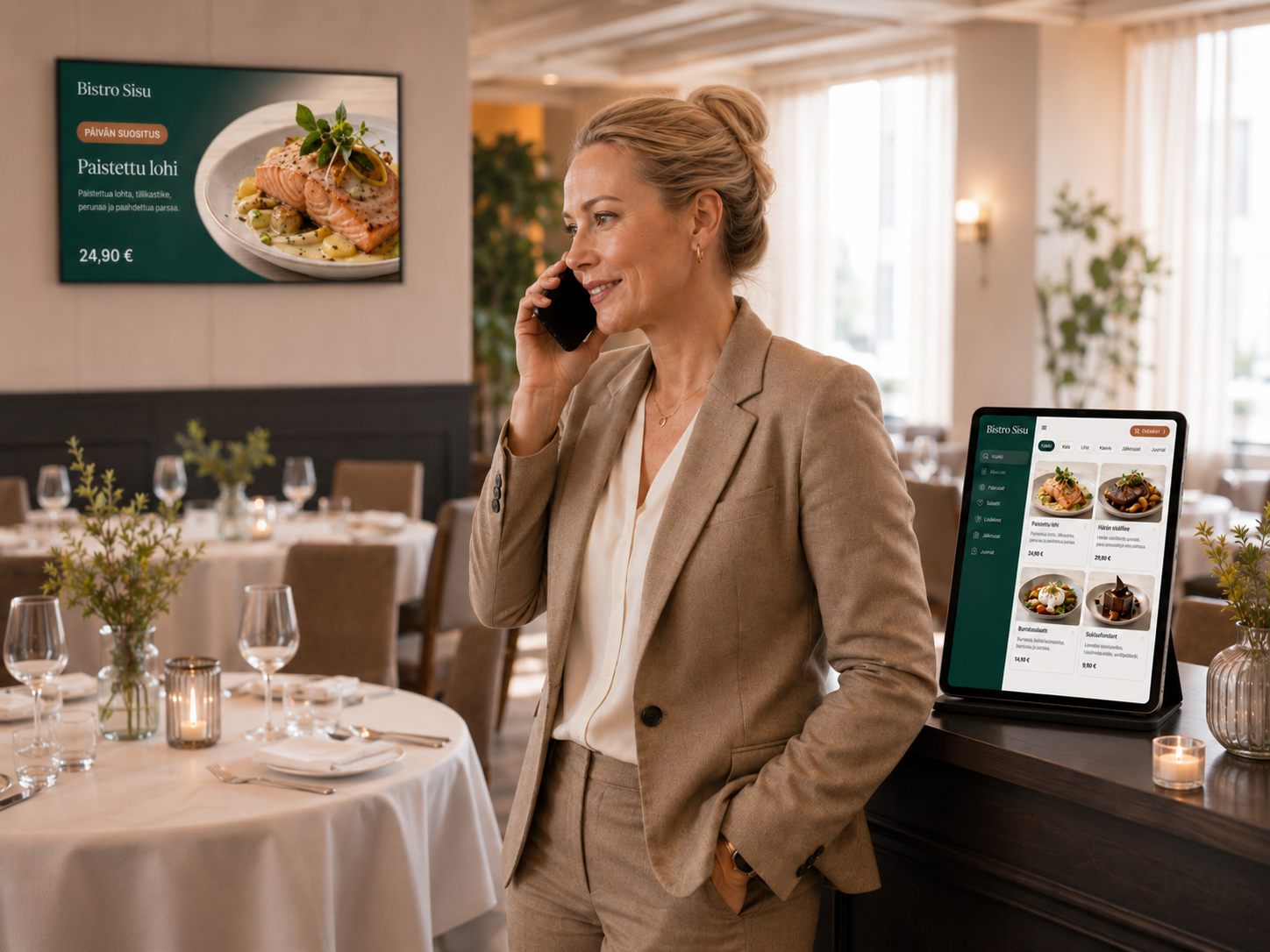 Creavon asiantuntija esittelee Creavo Order -tablettia ravintoloitsijalle pöydän ääressä