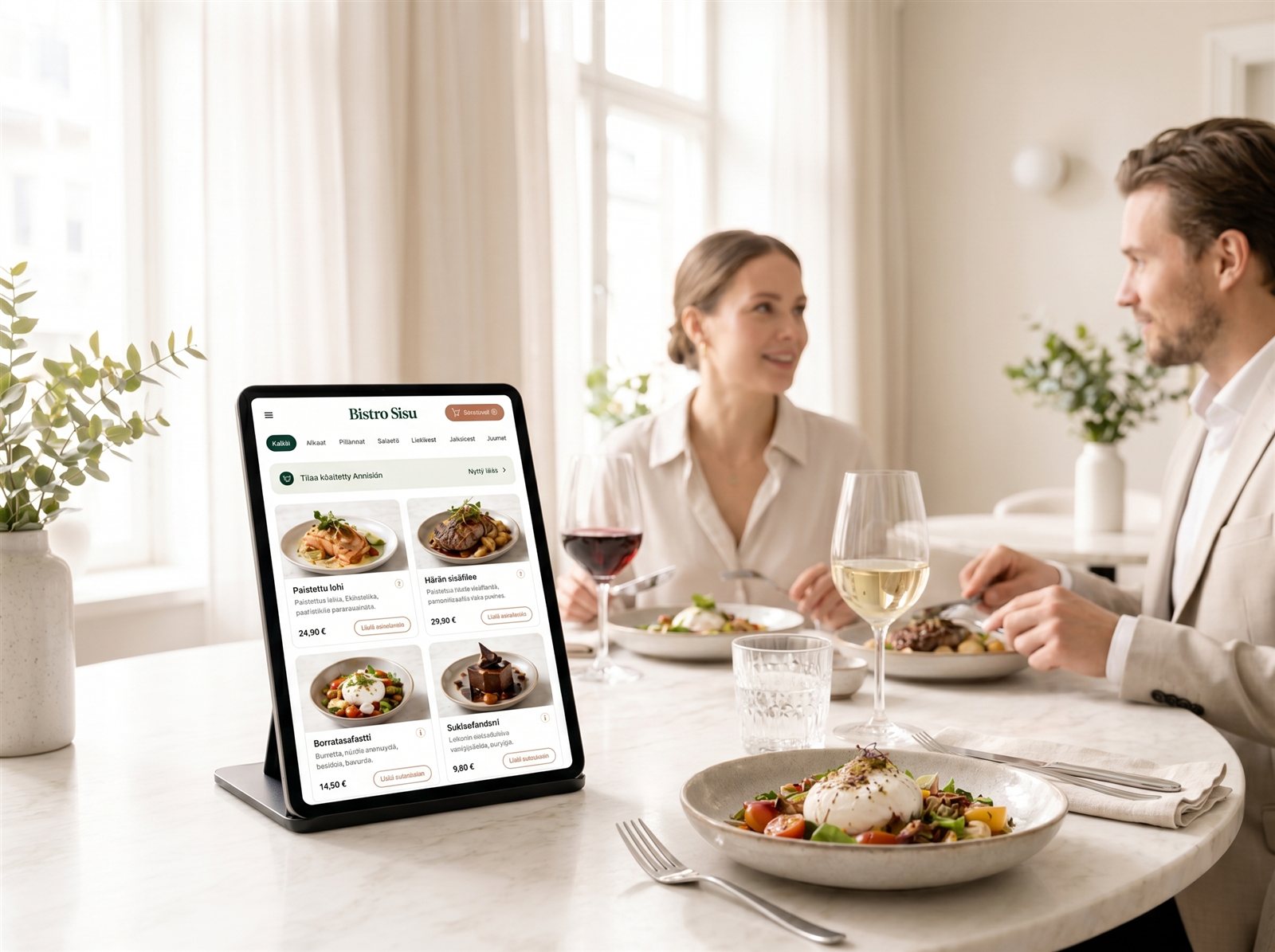 Pariskunta illallisella bistropöydässä, Creavo Order -tabletti pöydän reunalla