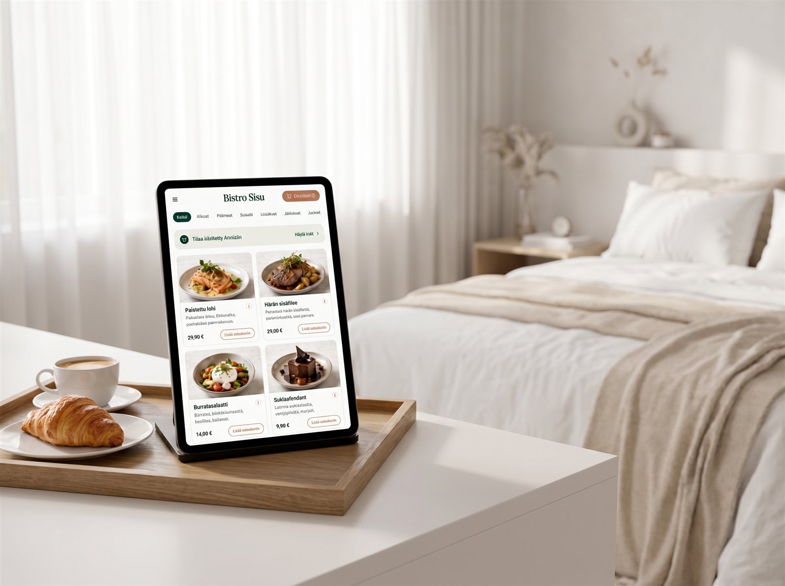 Creavo Order -tabletti aamiaistarjottimella vaaleassa hotellihuoneessa