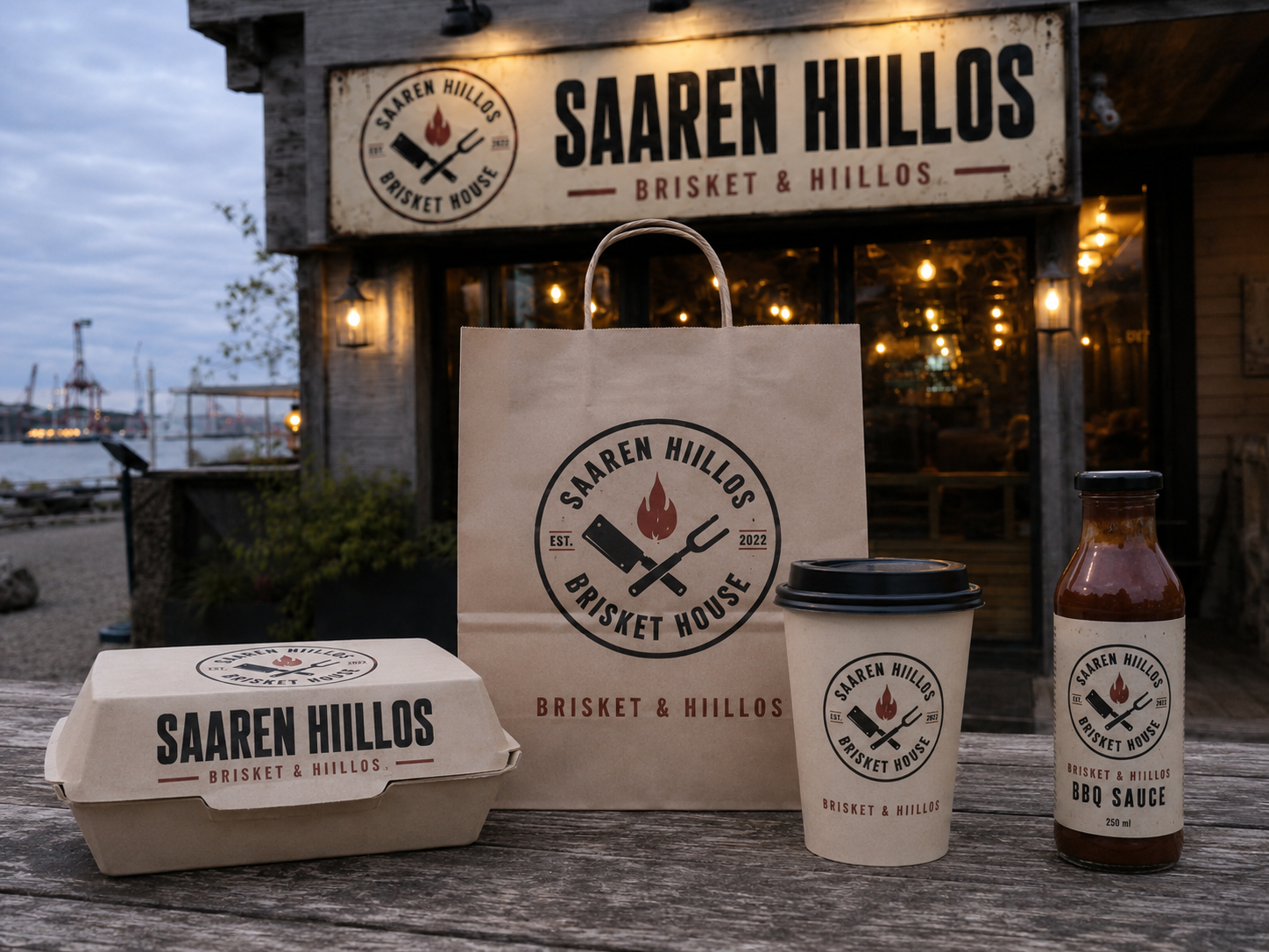 Saaren Hiilloksen pakkaukset: kassi, rasia, mukit ja kastikepullo