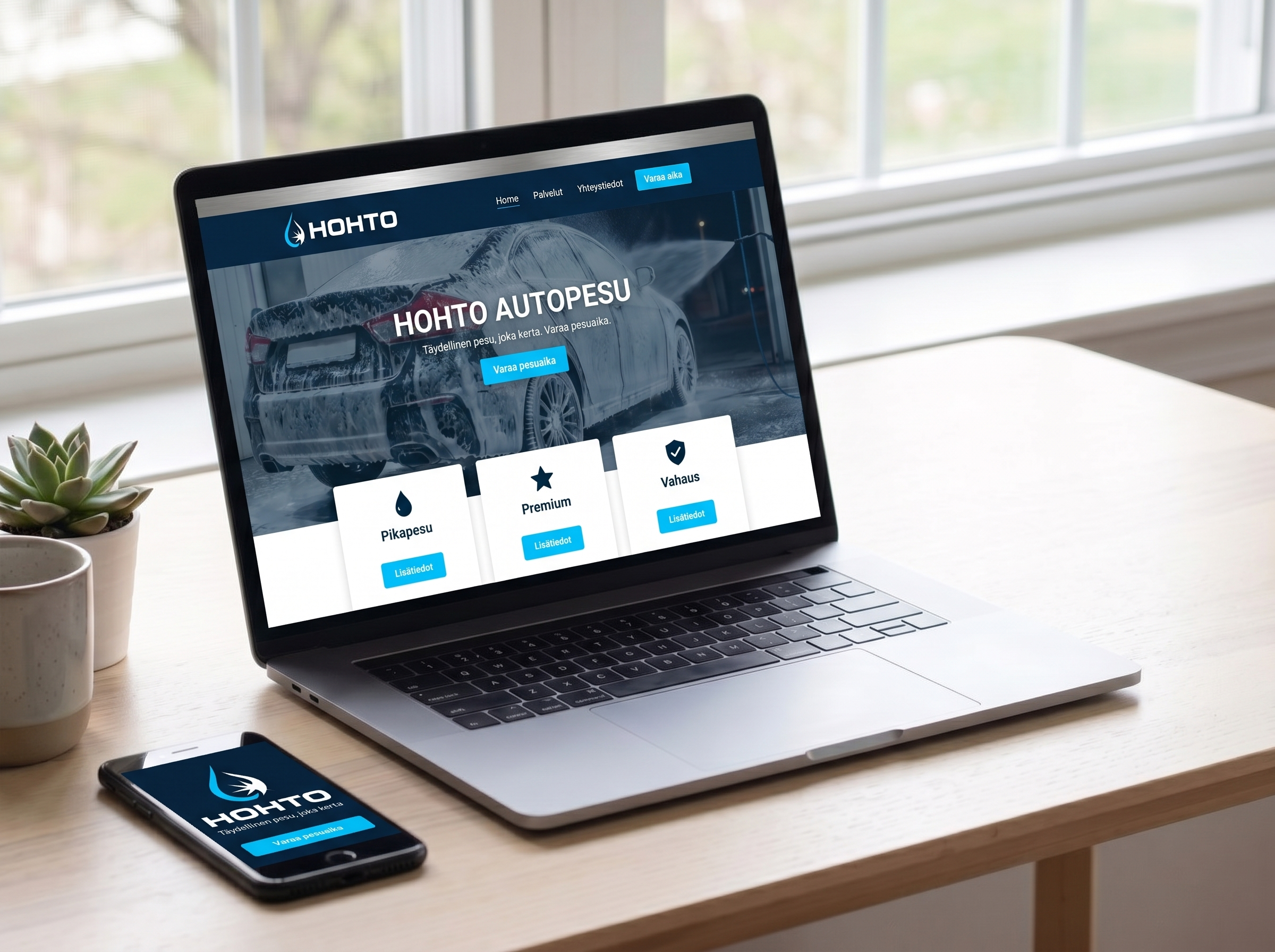 Yrityksen verkkosivut näkyvät selkeinä ja modernina kannettavalla ja puhelimella