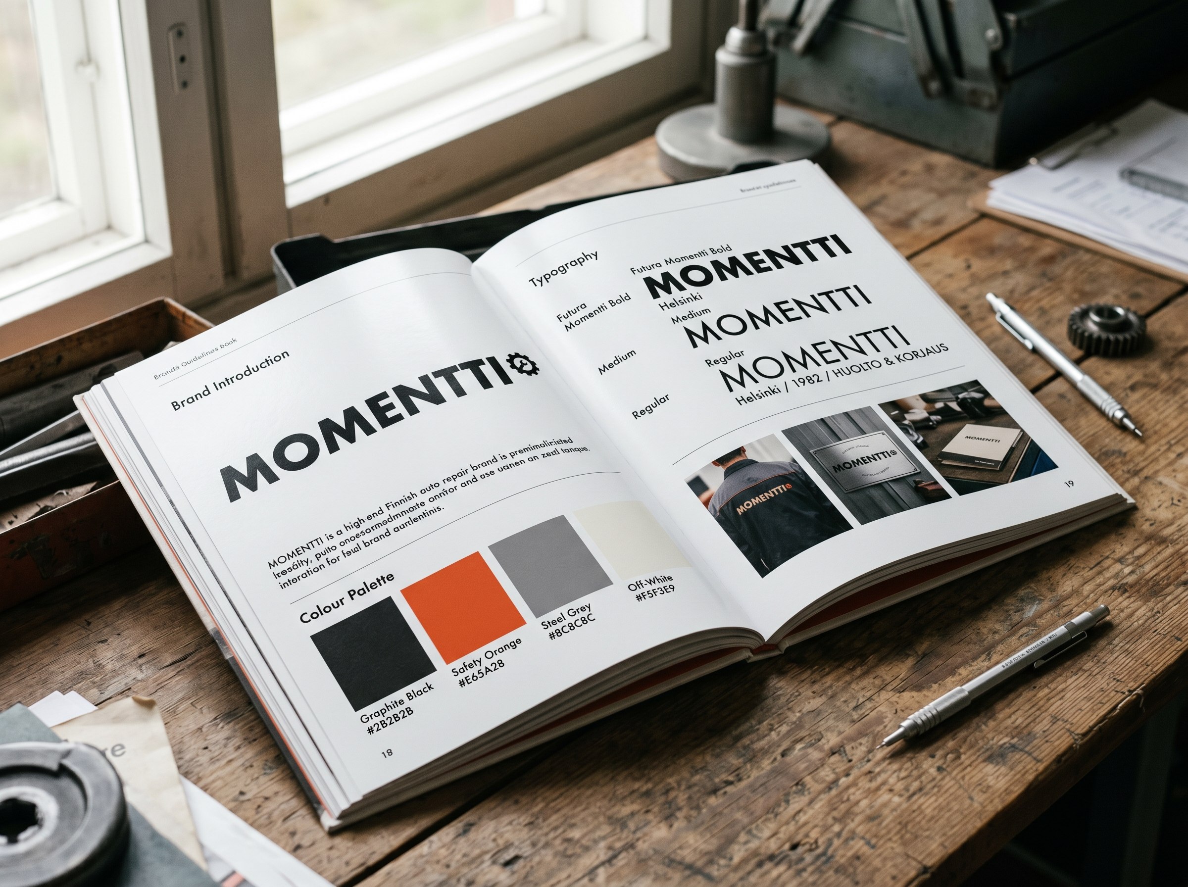 Korjaamon brändipaketti: logo, typografia, värit ja mockupit