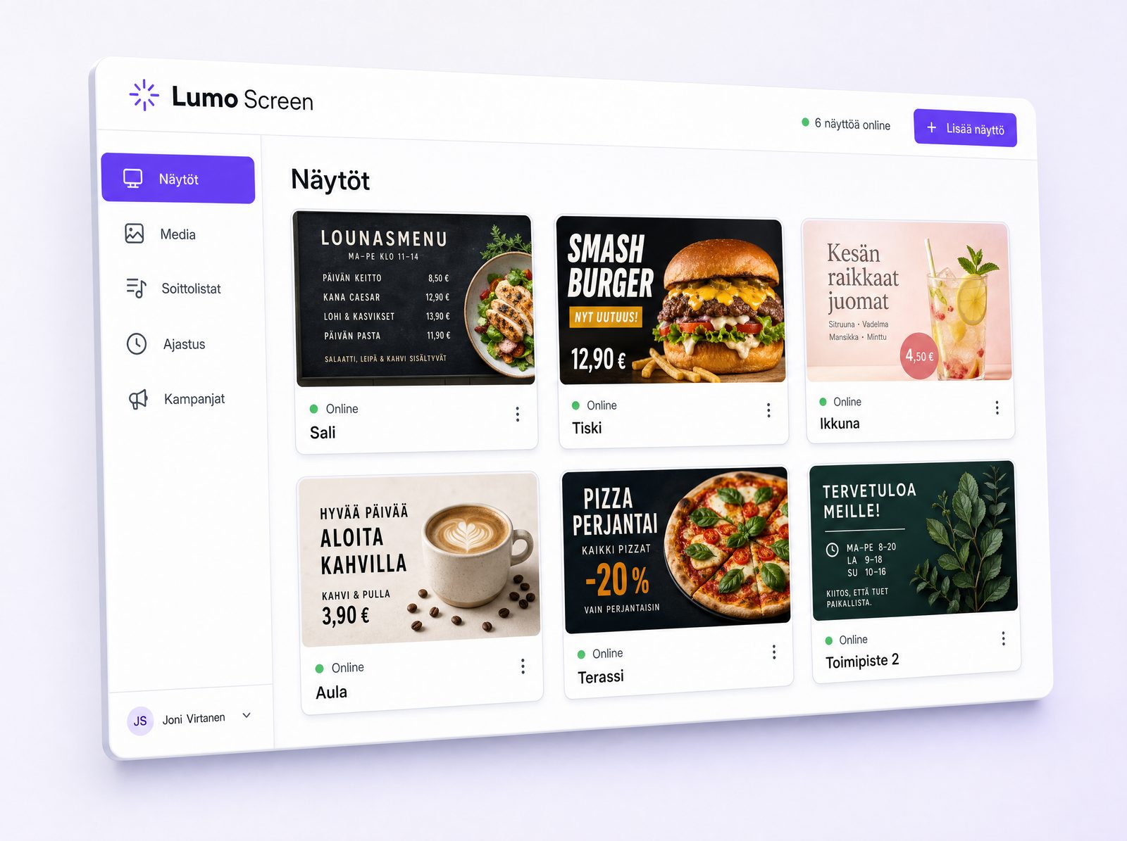 Lumo Screen -hallintapaneeli: kaikki näytöt yhdessä näkymässä, online-status ja sisällön esikatselut