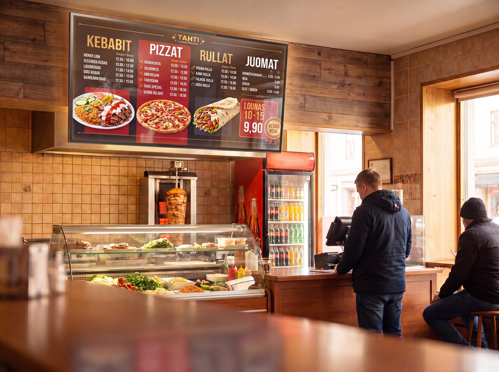 Kebab-pizzerian digitaalinen menunäyttö tiskin yläpuolella — ruokalista päivitettävissä etänä