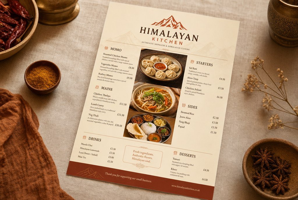 Ravintolan A4-flyer — menu ja tarjoukset selkeästi esillä