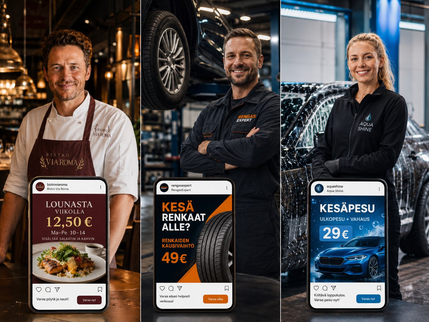 Some-mainosdesignit eri toimialoille — ravintola, autohuolto ja autopesula Instagram-mainoksina